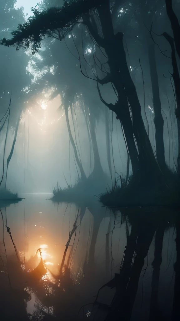 trees in the water are covered with moss and are reflected in the water, a matte painting by roger deakins, flickr, land art, foggy swamp, swampy atmosphere, swamps, scene from louisiana swamps, misty swamp, louisiana swamps, artistic swamp with mystic fog, located in a swamp at sunrise, swamp forest, eerie!!! atmosphere, eerie!