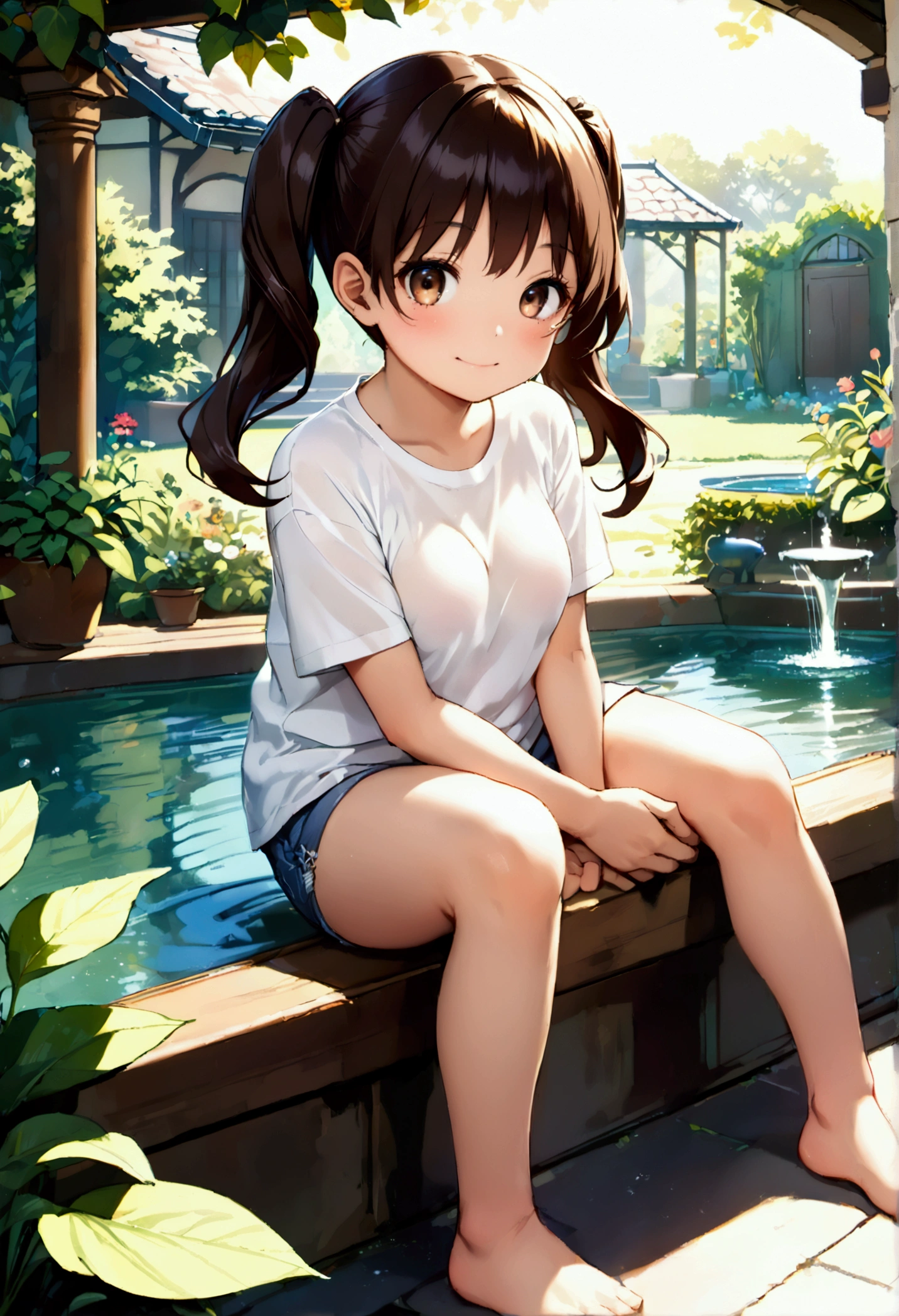 (nsfw:1.5)((垂れeye)),(((Twin tails))),Dark brown hair,pupil_Black,pupil_big,eye_small,Baby Face,round face,8k wallpaper, (shape:0.8), (Beautiful attention to detail:1.6), Highly detailed face, Perfect lighting, Extremely detailed CG, (Perfect hands, Perfect Anatomy),White T-shirt,hot pants,Home garden,Large garden,Surrounded by nature,Sit by the fountain,Spiteful smile,