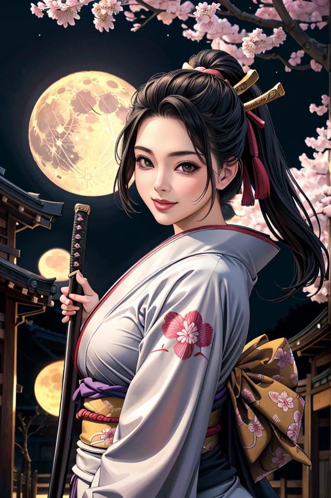 (Browsing Caution), (RAW Photos), (Realistic), (Photorealistic), Ultra-high resolution, masterpiece, Highest quality, Portraiture, facial Portraiture, Perfect lighting, Detailed lighting, Dramatic Shadows, Ray Tracing, Pure Eros Face_v1, Urzan-6500-v1.1, ((smile)), ((upper body:1.2)), ((random sexy pose)), looking at viewer, ((wearing a kimono)), ((holding a Japanese Katana)), ((in old Japanese street)), ((night)), ((full moon)), ((background with Cherry blossom)), ((Japanese tattoo)),