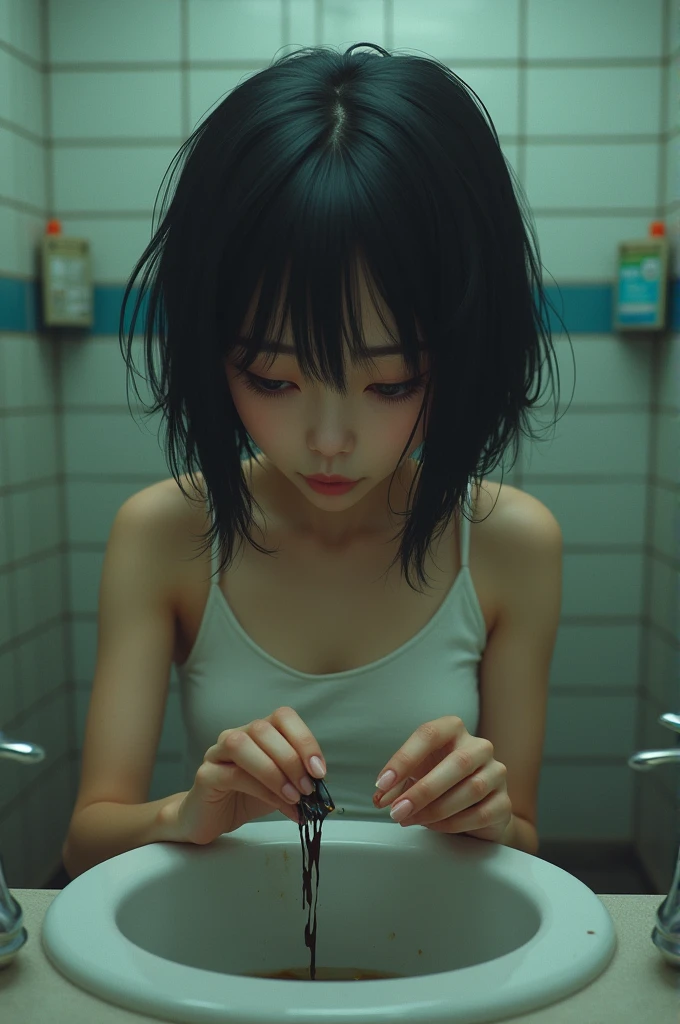 A girl in a gas station bathroom dyeing her hair black, brown-eyed and wearing a white tank top