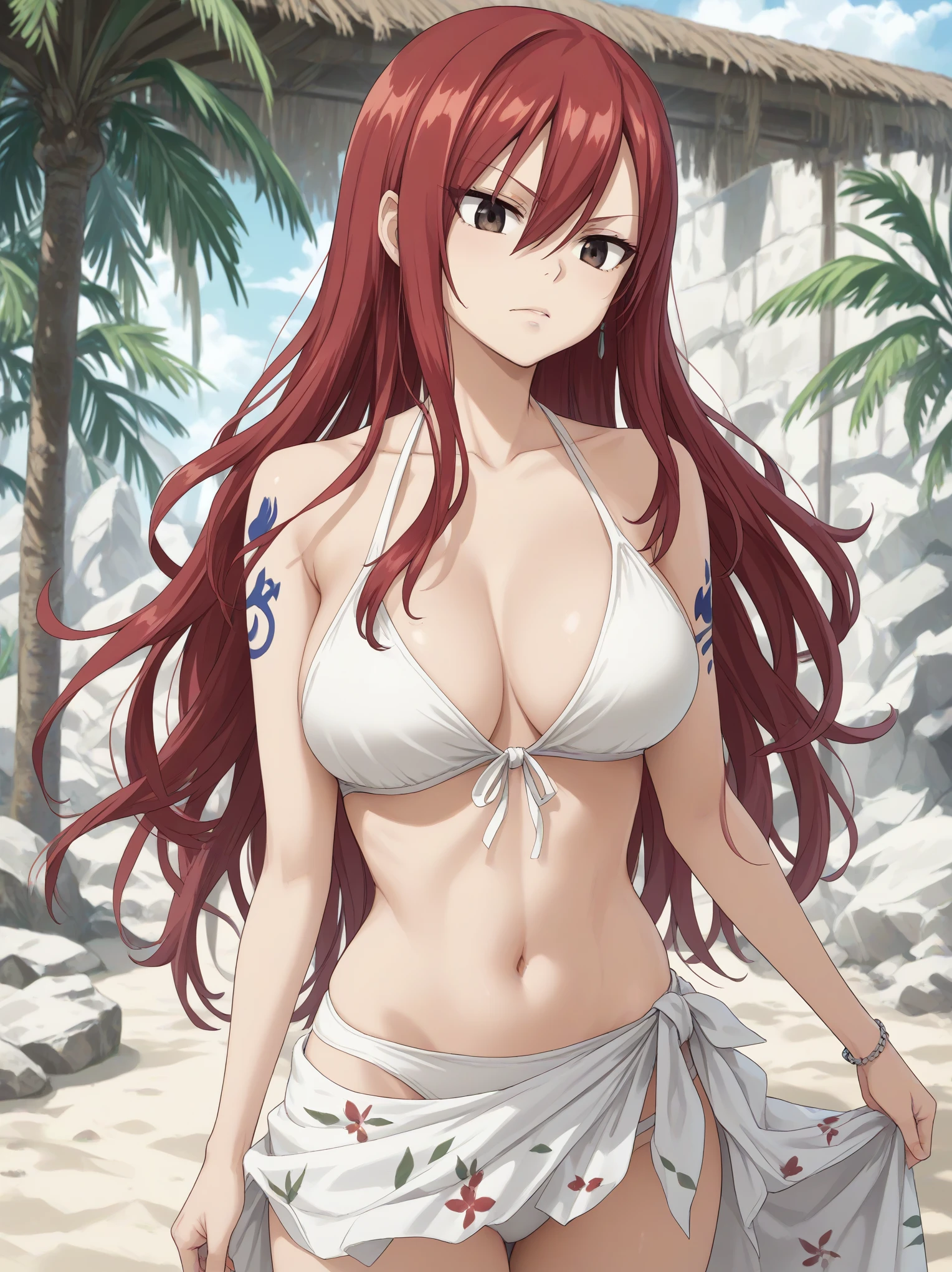 erza scarlet, long hair, red hair, hair between eyes, brown eyes,
navel, swimsuit, bikini, tattoo, white bikini, sarong,