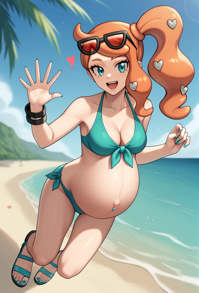 score_9, score_7_up BREAK solo,EPpkSonia,orange hair, side ponytail, aqua eyes, long hair, eyewear on head, sunglasses, heart hair ornament, aqua bikini, pregnant , big belly, Belly button piercing, cleavage, bracelet, collarbone, blue panties, nail polish, aqua nails, aqua toenails, beach, Posing, happy, white Sandals, belly rubbing