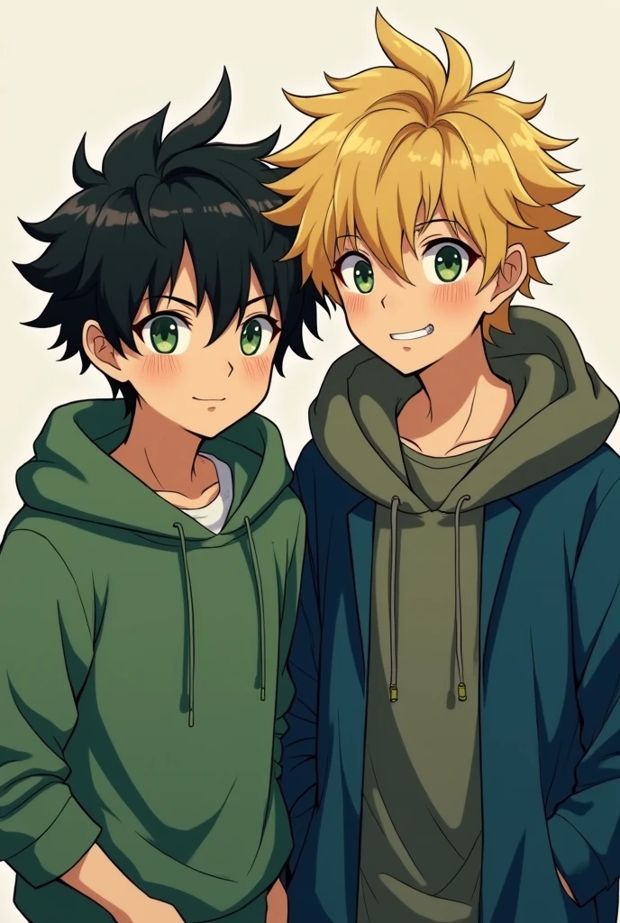 Spawns a blonde boy with messy hair wearing a green shirt, Put your partner next to him, A boy with black hair and green eyes who wears a chullo and a blue coat