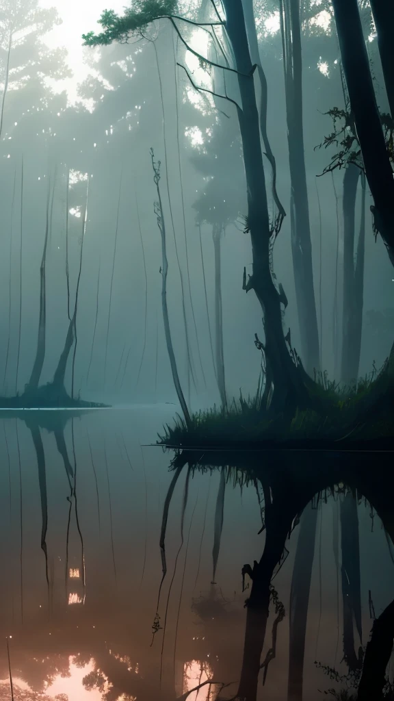 trees in the water are covered with moss and are reflected in the water, a matte painting by roger deakins, flickr, land art, foggy swamp, swampy atmosphere, swamps, scene from louisiana swamps, misty swamp, louisiana swamps, artistic swamp with mystic fog, located in a swamp at sunrise, swamp forest, eerie!!! atmosphere, eerie!