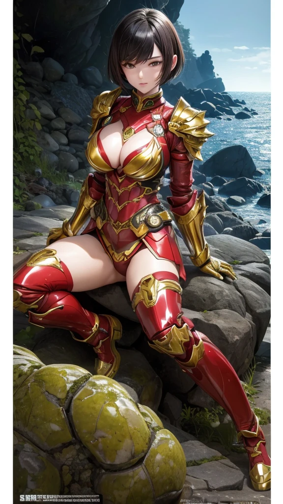 best quality,.masterpiece,Ultra-high resolution,(truthfully:1.4),Science fiction,Yamagishi,Tempting,Chinese poisonous scorpion girl,20 years old,short hair,Large Breasts,Wearing poisonous scorpion-type light armor,waist(Scorpio),Sitting on the rocky coast,Looking down indifferently,