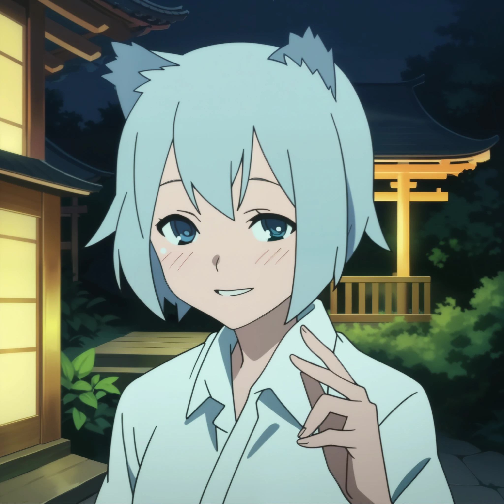 score_7,source_anime,anime coloring, flat shading, flat shadows, (anime screencap), nanami_ao, short hair, blue hair, blue eyes, animal ears, night, warm lighting, traditional japanese house, outdoors, garden, looking at viewer, smile, blush, half-closed eyes, upper body, 