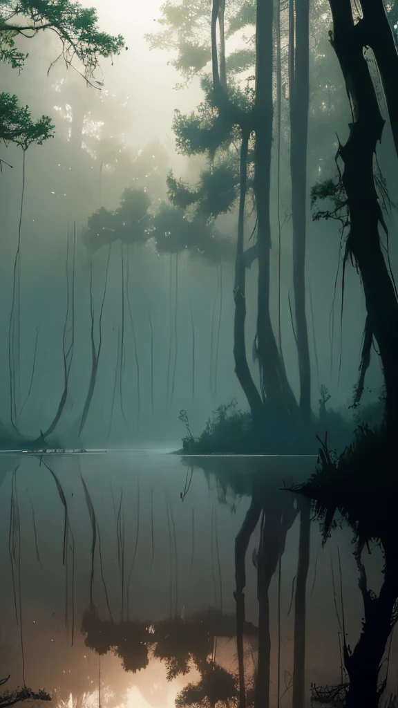trees in the water are covered with moss and are reflected in the water, a matte painting by roger deakins, flickr, land art, foggy swamp, swampy atmosphere, swamps, scene from louisiana swamps, misty swamp, louisiana swamps, artistic swamp with mystic fog, located in a swamp at sunrise, swamp forest, eerie!!! atmosphere, eerie!