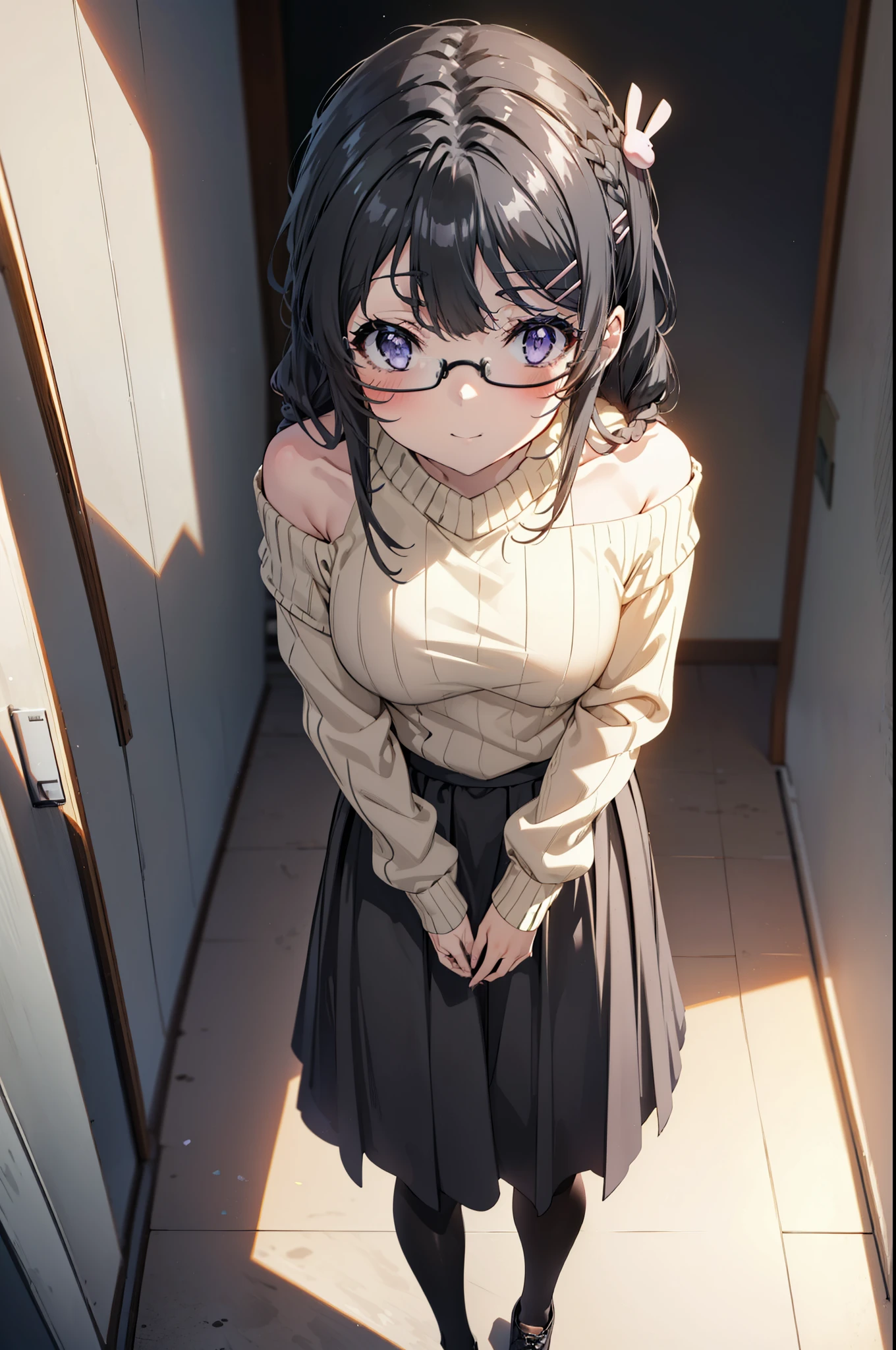 maisakurajima, mai sakurajima, Long braids, bangs, (Black Hair:1.5), hair ornaments, (Purple eyes:1.1), Hair Clip, rabbit hair ornaments,smile,blush,Glasses,One-shoulder sweater,Long skirt,Black pantyhose,short boots,Daytime,Clear skies,Walking,whole bodyがイラストに入るように,
break indoors, University corridor,
break looking at viewer, whole body,
break (masterpiece:1.2), Highest quality, High resolution, unity 8k wallpaper, (figure:0.8), (Beautiful attention to detail:1.6), Highly detailed face, Perfect lighting, Highly detailed CG, (Perfect hands, Perfect Anatomy),