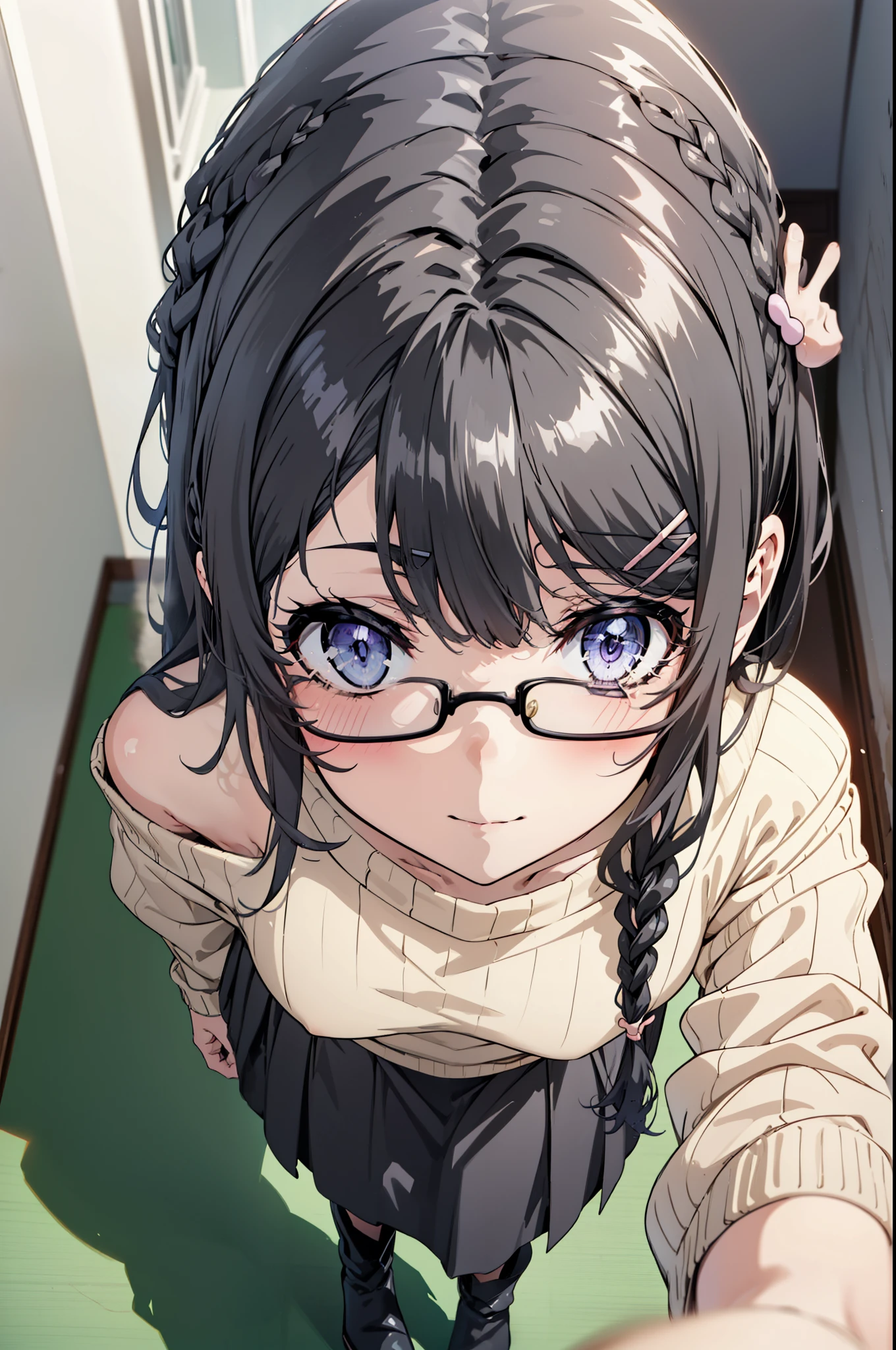 maisakurajima, mai sakurajima, Long braids, bangs, (Black Hair:1.5), hair ornaments, (Purple eyes:1.1), Hair Clip, rabbit hair ornaments,smile,blush,Glasses,One-shoulder sweater,Long skirt,Black pantyhose,short boots,Daytime,Clear skies,Walking,whole bodyがイラストに入るように,
break indoors, University corridor,
break looking at viewer, whole body,
break (masterpiece:1.2), Highest quality, High resolution, unity 8k wallpaper, (figure:0.8), (Beautiful attention to detail:1.6), Highly detailed face, Perfect lighting, Highly detailed CG, (Perfect hands, Perfect Anatomy),