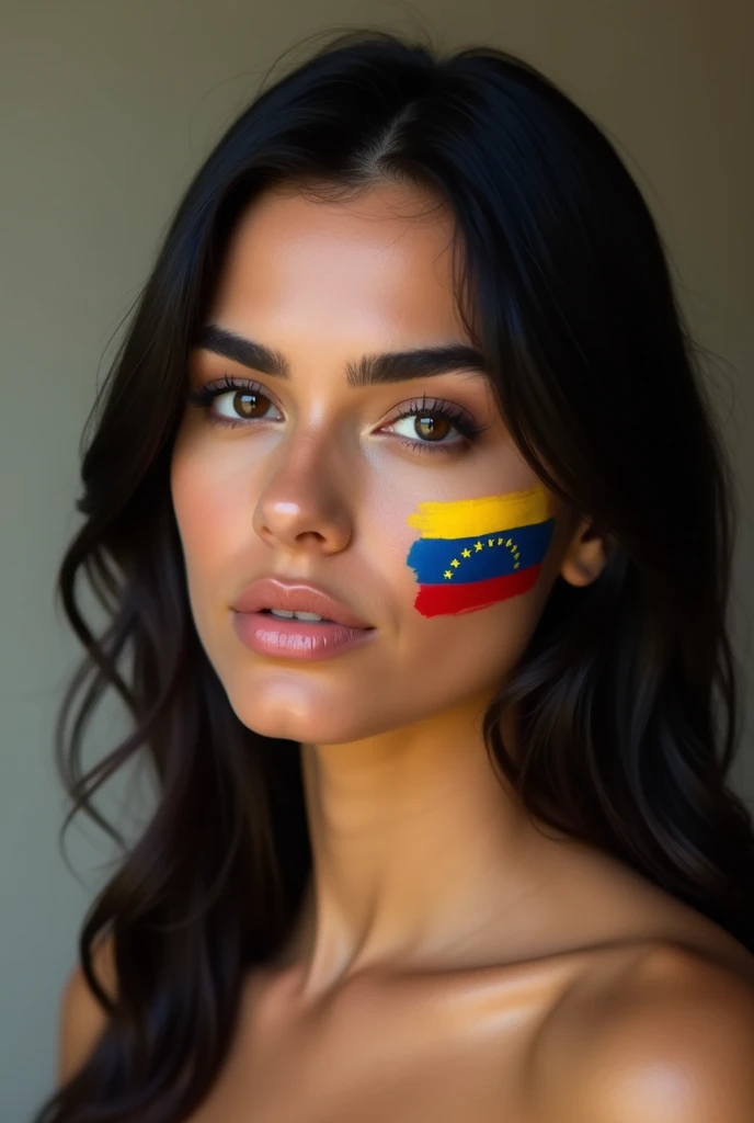 Take a photo of Dua Lipa with a small Venezuelan flag on her cheek