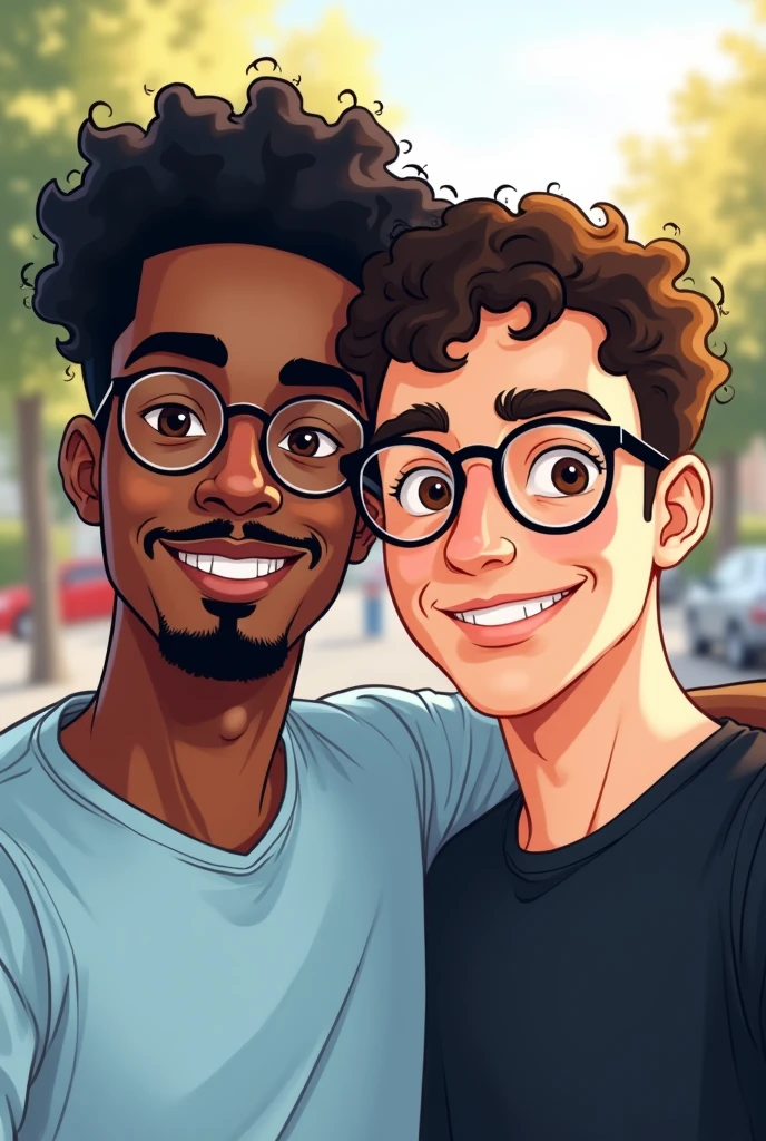 2 friends taking a selfie together a black guy with short curly hair black guy with brown eyes and thin round frame glasses black mustache thin goatee and light blue t-shirt and a white guy with curly hair black a little bit big with brown eyes and round glasses with black frames and a black t-shirt . drawing style 