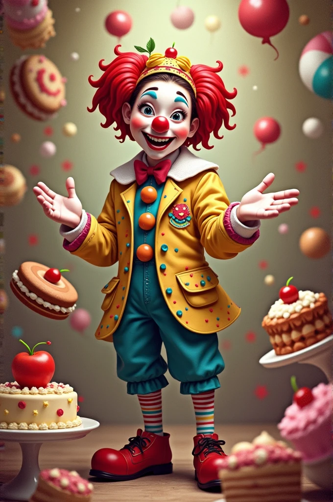 Female clown doctor in colorful costume who likes cakes