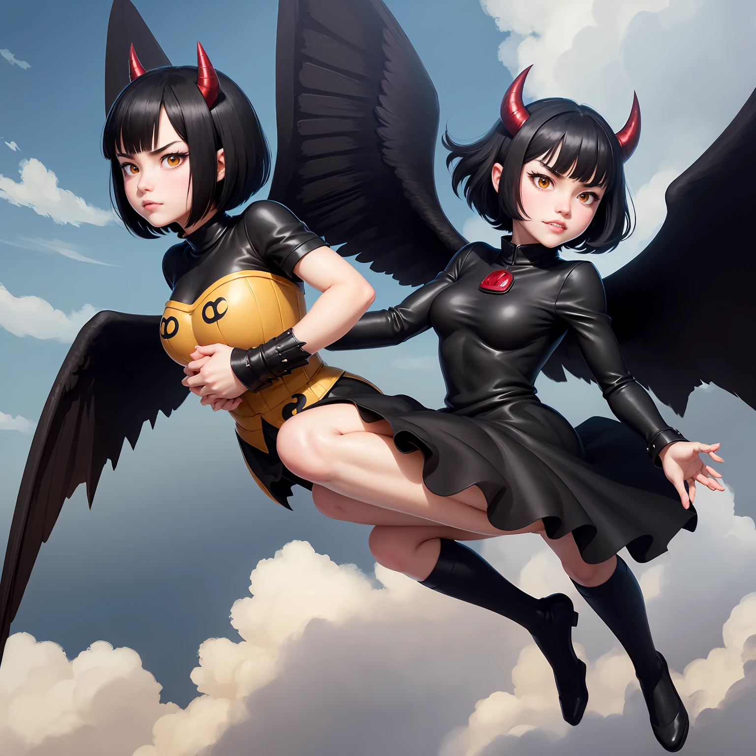 (capture in the style of Boku no hero academia)16 year old Japanese woman, serious face slanted golden eyes, pale skin pointed ears. Short black straight hair with straight bangs and horns on the head. Full body dressed in a black dress and wings (black) barefoot flying through the air.(of good quality) Smiley with Fangs.