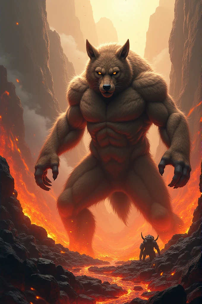 Epic furry with a serious expression in the middle of the battlefield in the lava mountains