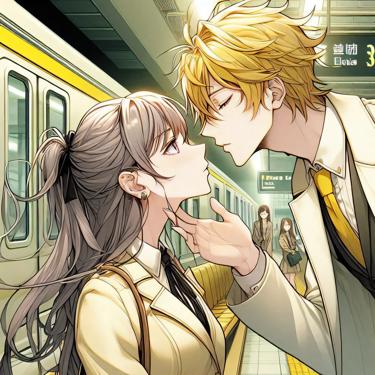 Anime image of a man and a woman kissing in a subway station., Ben Maier and Sakimichan, type, kissing together cutely, Romance Shojo, Sakimichan and Frank Franzzeta, visual novel cg, cerochan, Frank Franzzeta and Sakimichan, Murata and Artgerm range, cerochan art