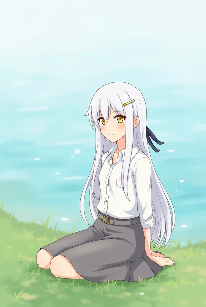 1girl, yellow eyes, long hair, white hair, sitting, cewe-sma, from fitting, white shirt, gray skirt, belt, looking at viewer, light smile, arms behind back, nature, hair ornament, water 