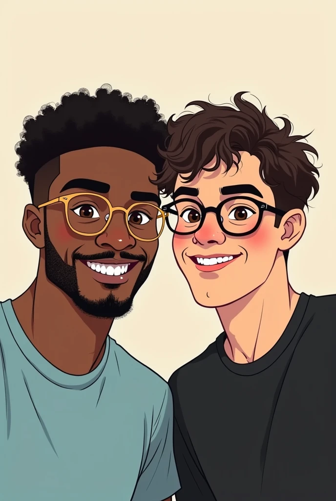 2 friends taking a selfie together a black guy with short curly hair black guy with brown eyes and thin round frame glasses black mustache thin goatee and light blue t-shirt and a white guy with curly hair black a little bit big with brown eyes and round glasses with black frames and a black t-shirt . drawing style 