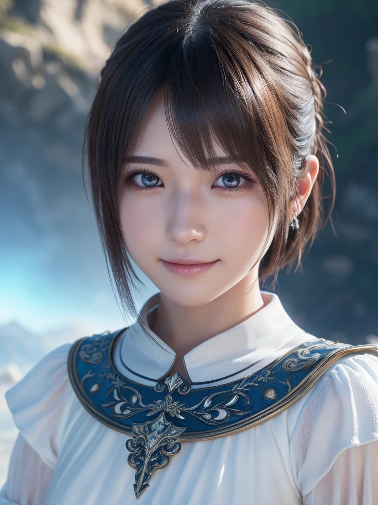 head shot,beautiful detailed eyes, droppy eyes,beautiful detailed lips, extremely detailed eyes and face, long eyelashes, 1japanese girl, fantasy character, (Final Fantasy, yuuna:1.25),smile,short hair,elegant white dress,break, blue long skirt,break,magical girl, highly detailed, fantasy landscape, dramatic lighting, glowing effects, mist, intricate details, volumetric lighting, cinematic composition, hyper realistic, 8k, best quality, masterpiece, photorealistic,Highres fix