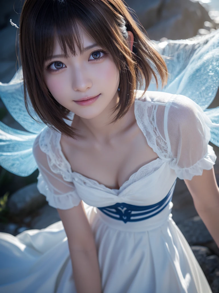 head shot,beautiful detailed eyes, droppy eyes,beautiful detailed lips, extremely detailed eyes and face, long eyelashes, 1japanese girl, fantasy character, (Final Fantasy, yuuna:1.25),smile,short hair,elegant white dress,break, blue long skirt,break,magical girl, highly detailed, fantasy landscape, dramatic lighting, glowing effects, mist, intricate details, volumetric lighting, cinematic composition, hyper realistic, 8k, best quality, masterpiece, photorealistic,Highres fix