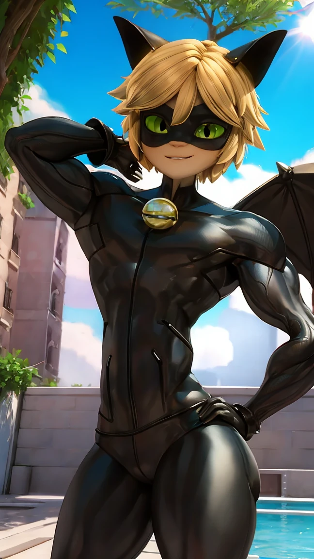 Huge muscles,Devilish wings,Devilish horns,black costume,Green Eyes,Eye-only mask,Bell on chest