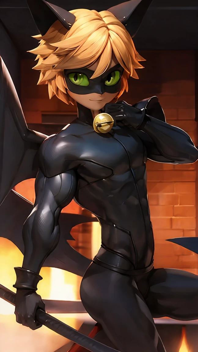 Huge muscles,Devilish wings,Devilish horns,black costume,Green Eyes,Eye-only mask,Bell on chest