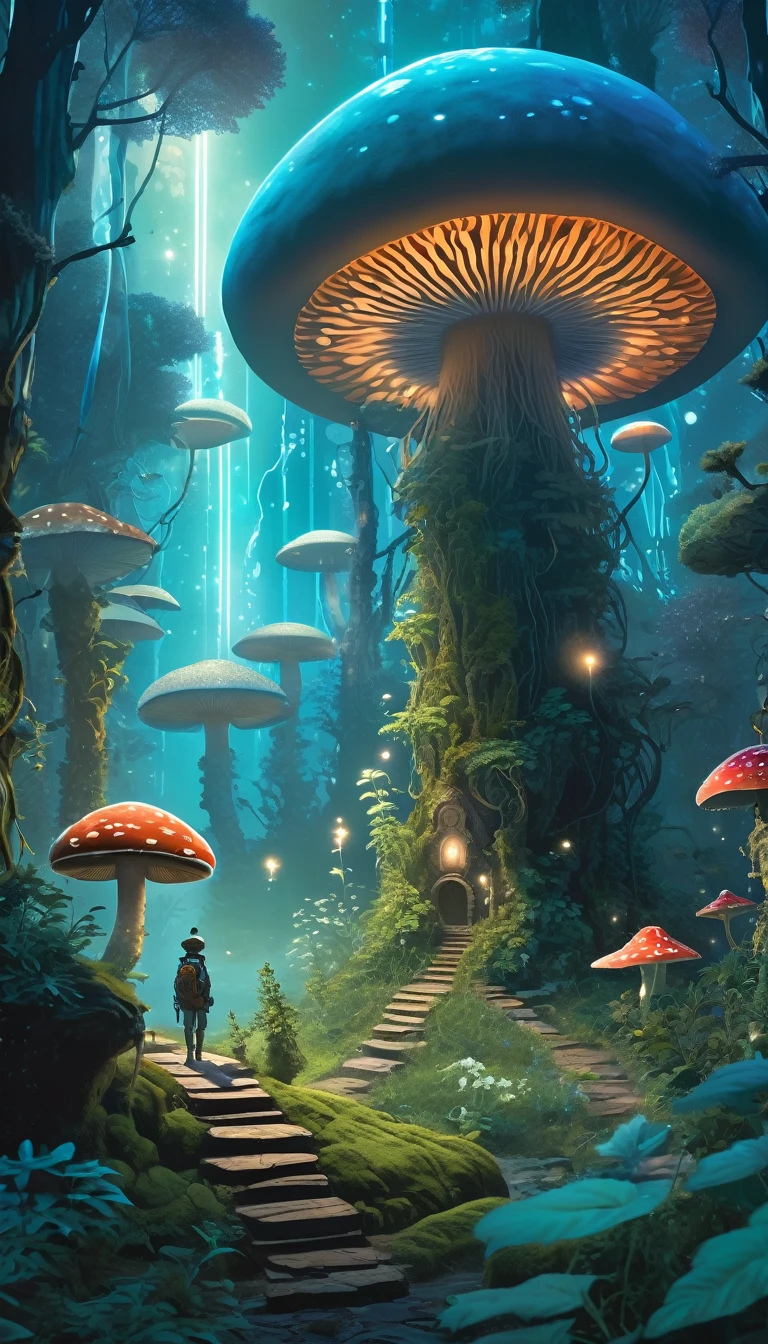 Viral anime nature wallpaper in 4K quality, in the style of digital illustration inspired by Yoshitaka Amano, showing a mystical forest with giant mushrooms, bioluminescent plants, and ethereal creatures wandering around; cool and mystical color temperature, cosmos lighting with stars twinkling in the sky, no human characters, the atmosphere is otherworldly and enchanting --v 5 --stylize 1000