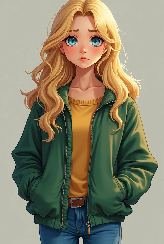 Girl, blonde, long wavy hair, blue eyes, good look, sad look, green jacket, blue jeans, bangs were removed back, a high -rise girlfriend, full of height