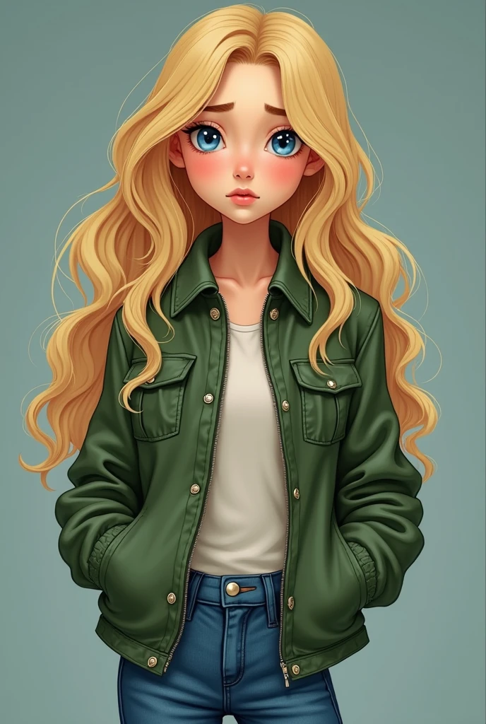 Girl, blonde, long wavy hair, blue eyes, good look, sad look, green jacket, blue jeans, bangs were removed back, a high -rise girlfriend, full of height