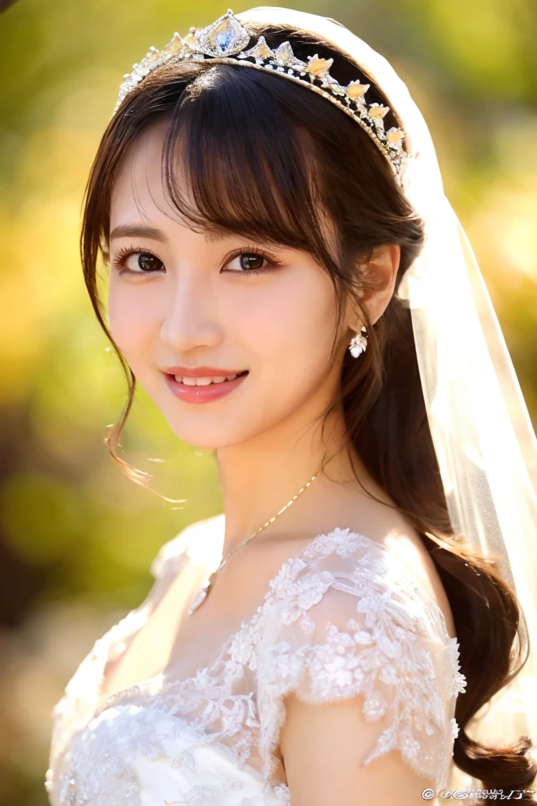 (Highest quality、Tabletop、8k、Best image quality、Award-winning works)、Beautiful Bride、(alone:1.1)、(The most extravagant and gorgeous huge pure white wedding dress:1.2)、(Perfect Wedding Lace:1.2)、(The most gorgeous and luxurious giant tiara:1.3)、(The most extravagant and luxurious giant necklace:1.3)、The finest jewellery decoration、Perfect Makeup、Long eyelashes、Ultra HD Shining Eyes、Ultra HD Hair、Ultra High Resolution Glossy Lips、Beautiful face in ultra-high definition、(Accurate anatomy:1.1)、Very bright and beautiful skin、very bright and vivid、(Perfect beautiful bridal hairstyles:1.1)、(Front facing body:1.1)、(The most refreshing and beautiful forest background:1.1)、(Small breasts:1.1)、(Small breastsの谷間:1.1)、(Perfect beautiful bridal photos:1.1)、Cute Smile、(Face close-up:1.1)