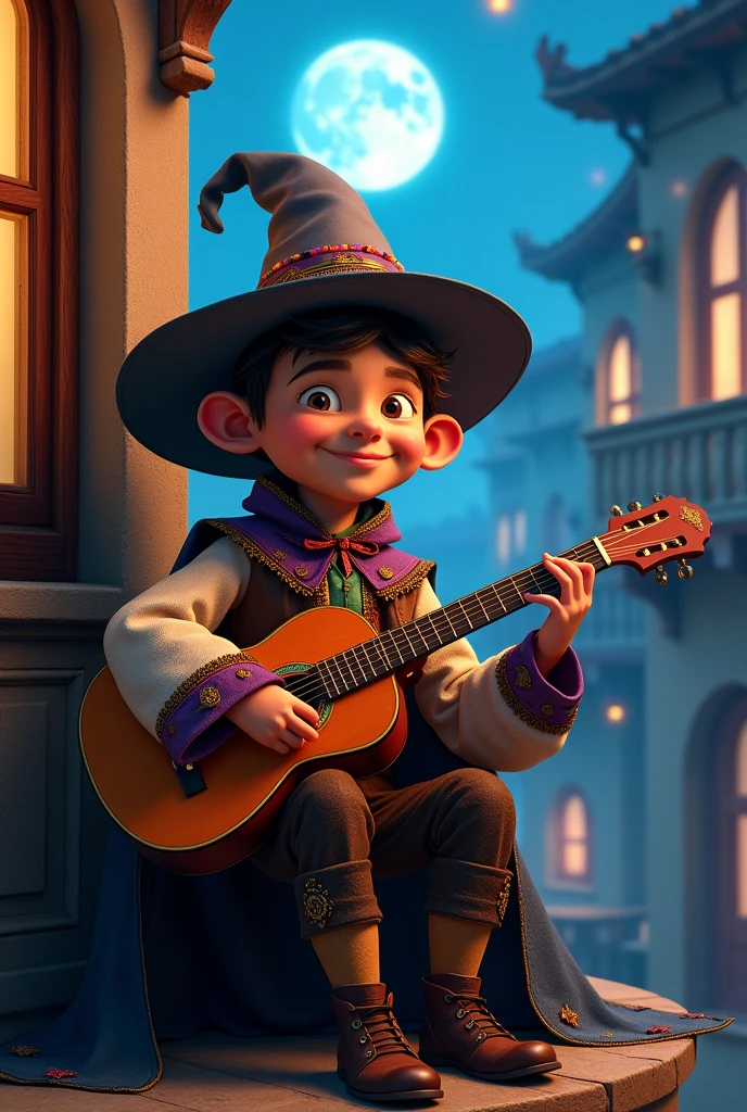 Create image of Tuno with cape and minstrel costume, with his guitar, sitting at night next to a balcony, Pixar type, in high definition.
