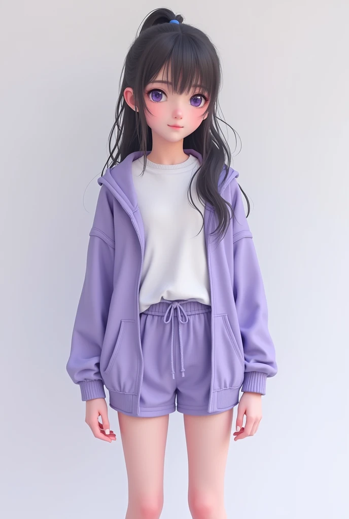 A girl with a long ponytail and 163cm tall。
A sharp, girlish face with violet-blue eyes、no highlights。
White T-shirt、He was wearing a light purple hoodie and shorts.