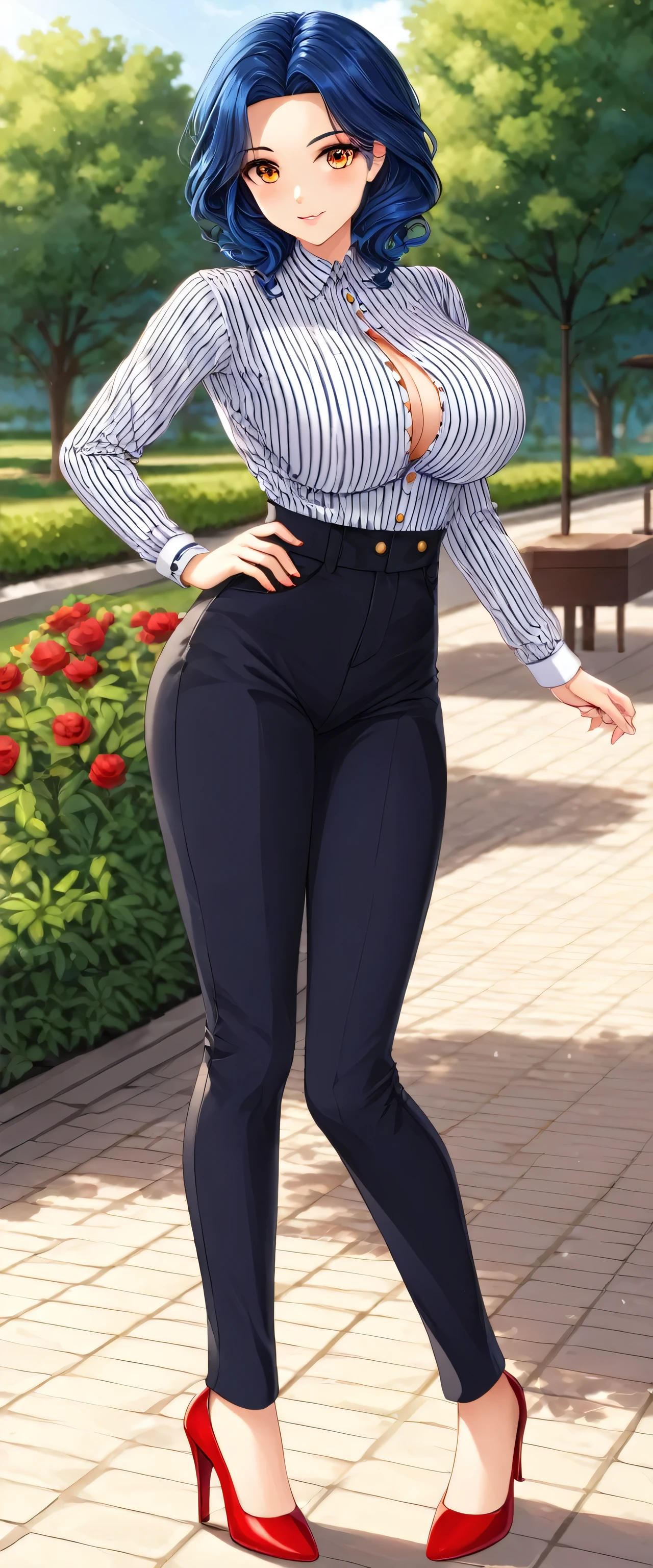 A beautiful woman, cute, attractive, beautiful, big breast, navy blue hair, short disheveled haircut, in front of her orange eye, dresses with a black striped button-down blouse, white stripes, shows her navel, wide black pants with red heels.