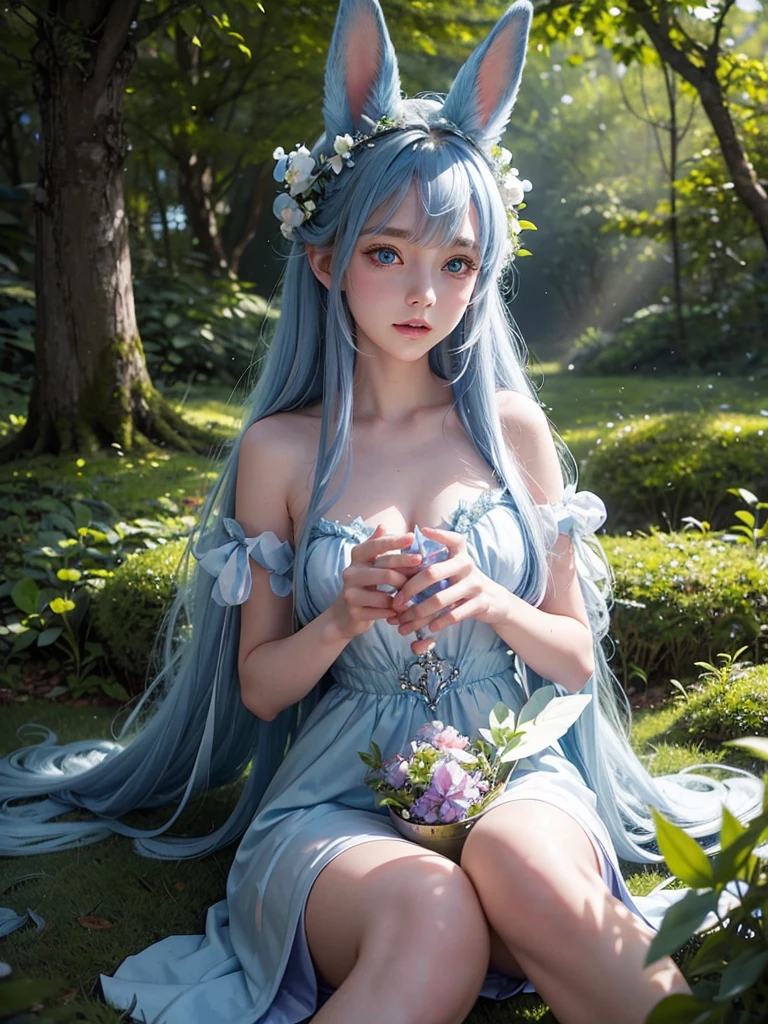A close-up of a bunny girl, with long white ears and sparkling blue eyes, in an enchanted forest. The background features glowing plants and magical creatures. Soft, ethereal lighting enhances her delicate features. Created Using: DSLR camera, Studio Ghibli inspiration, shallow depth of field, soft focus, pastel colors, fairy-tale ambiance, high-definition quality, intricate detailing --ar 16:9 --v 6.0