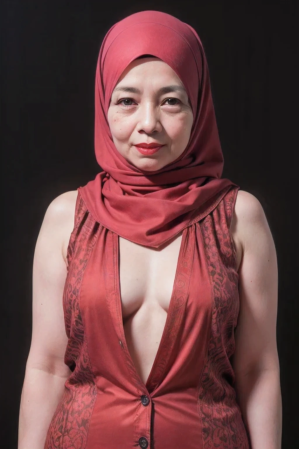 (Singlet), ((Red Lips)), Coats Medium body portrait, ((Hijab Stylish)), HALIMAH'S MOTHER IS 85 YEARS OLD HER BODY IS VERY FAT & NUDE AT ((DARK BACKGROUND)), Ultra High Res. realistic: 1.4, UHD, lace , very flat chest, ((half body portrait)) , skinny my body, (old lady:1.3), ((bigger:2.5)),