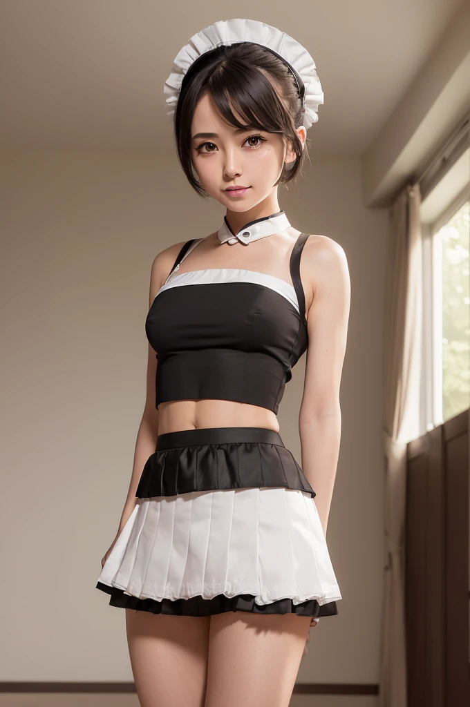 masterpiece, best quality, ultra detailed, ultra high resolution, very detailed face, solo, ((anime)), 26 years old woman, (((maid uniform, croptop, short skirt))), ((black short hair, chignon)), ((expose abdomen)), (((medium breast))), (((little smile))), ((six pack abs:1.18)), posing in the room