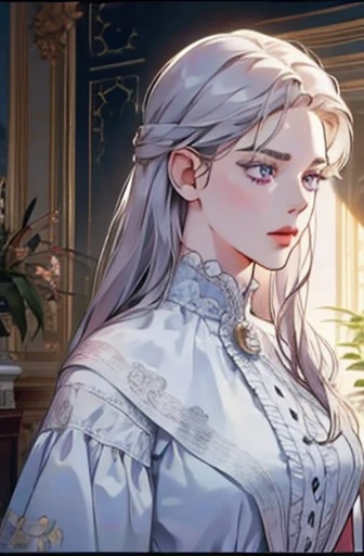 an angry victorian era woman in her early 30's wearing white coat surrounded by plants, straight white shoulder length hair, striking purple eyes, detailed realistic portrait, photorealistic, hyperrealistic, 8k, detailed clothing, beautiful detailed eyes, beautiful detailed lips, extremely detailed face, intricate ornate details, cinematic lighting, dramatic shadows, warm color tones, natural lighting, highly detailed, masterpiece, artstation, sharp focus, hyper detailed, half body, front view