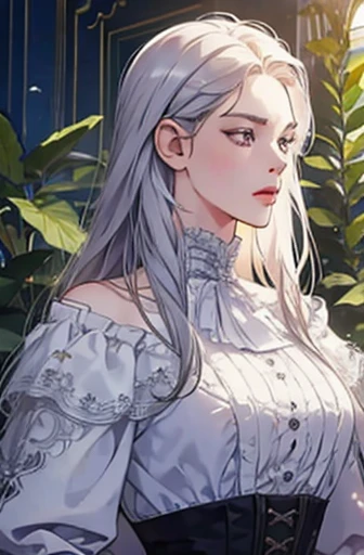 an angry victorian era woman in her early 30's wearing white coat surrounded by plants, straight white shoulder length hair, striking purple eyes, detailed realistic portrait, photorealistic, hyperrealistic, 8k, detailed clothing, beautiful detailed eyes, beautiful detailed lips, extremely detailed face, intricate ornate details, cinematic lighting, dramatic shadows, warm color tones, natural lighting, highly detailed, masterpiece, artstation, sharp focus, hyper detailed, half body, front view