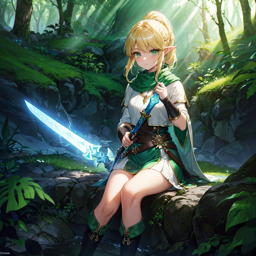 One woman,Elven Hero,((Holding it in hand,Close-up,Master Sword,Shine)) ponytail,Blonde,Shiny Green Eyes,shine,Crystal Black Boots Background,(in the forest,Fantasy,Sunlight filtering through the trees)