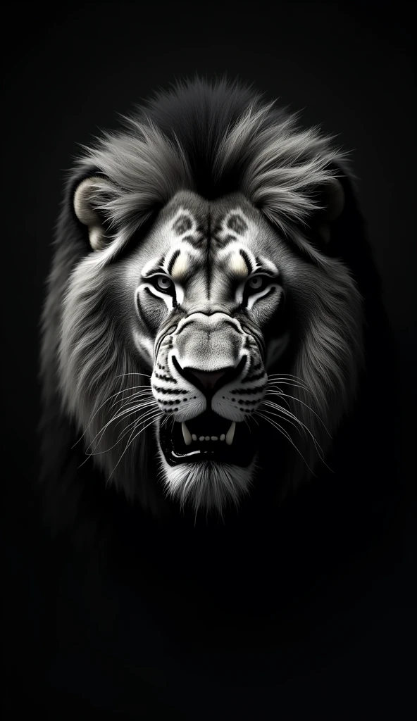 "Create an ultra-realistic, high-resolution 8K image of a powerful lion with a strong, cold, and menacing expression. The focus is entirely on the lion's face, highlighting the intensity and fierce demeanor in its features. The lion's fur is detailed with precision, showcasing the thick, dark mane that frames its face, adding to its formidable presence.

The lion's eyes should be narrow and piercing, with a dark, threatening gaze that conveys a sense of danger and calculated malice. The expression on the lion’s face is one of pure menace, with a slight curl of the lip revealing sharp teeth, as if it’s ready to attack at any moment. The overall look is designed to strike fear, capturing the essence of a predator that is both intelligent and ruthless.

The background is dark and minimalistic, ensuring that the lion's face remains the central focus. The lighting is dramatic, casting deep shadows that enhance the sharpness of its features and the texture of its fur, while subtle highlights bring out the cold glint in its eyes. This image should evoke a sense of awe and fear, portraying the lion as a powerful and dangerous creature."