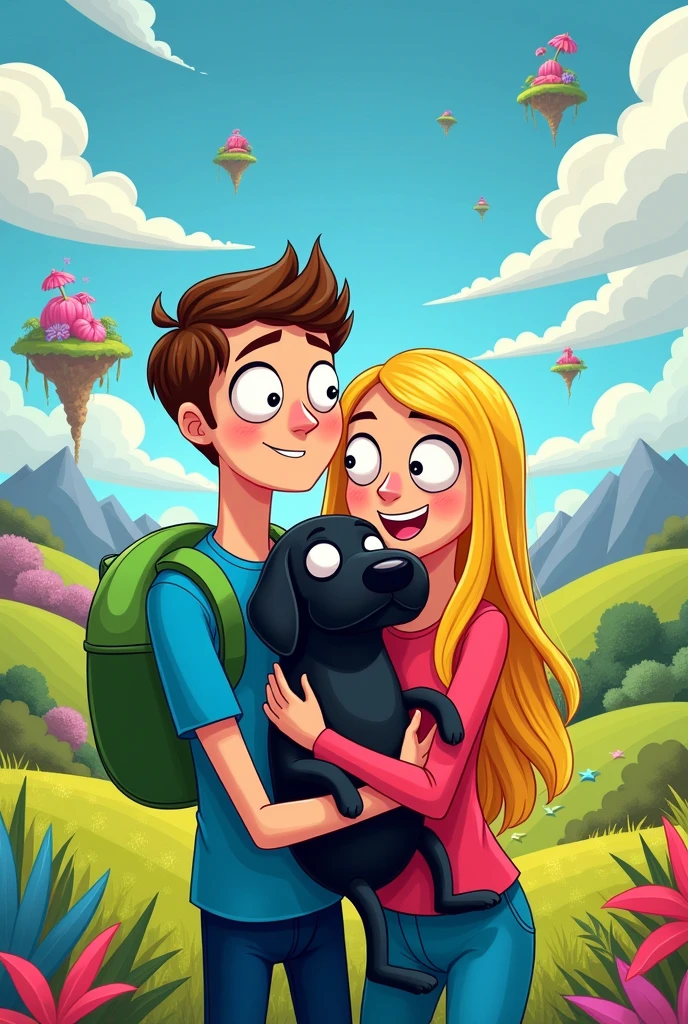 Generate an adventure time style image, of a man and a woman hugging a medium-sized black dog.