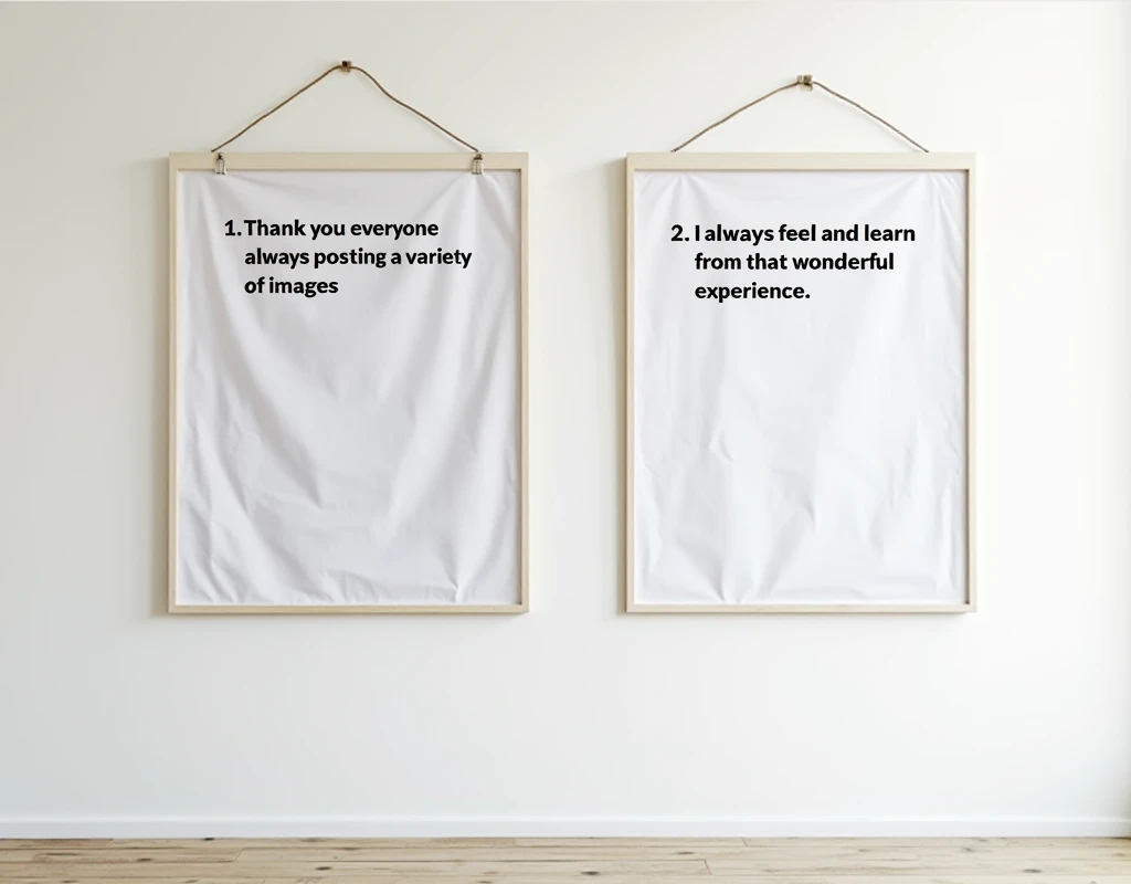A large poster hanging on a pure white wall2Posters,
1:"Thank you everyone for always posting a variety of images."A poster with the words,
2:"I always feel and learn from that wonderful experience."A poster with the words,