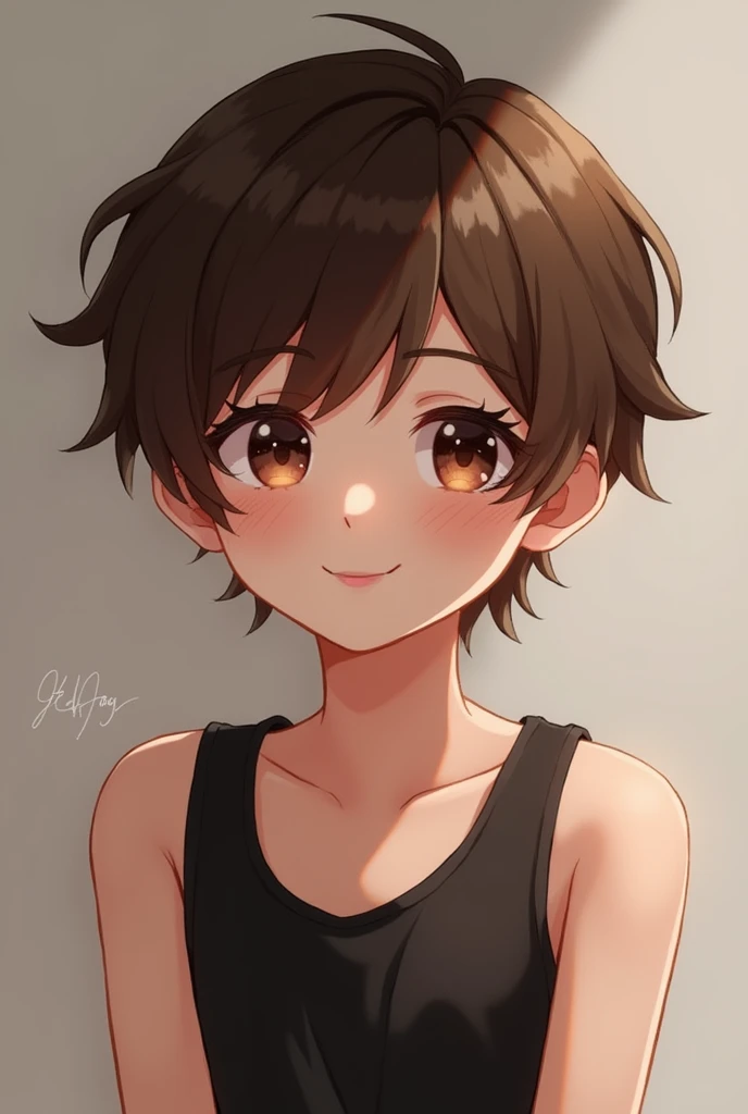 A cute boy, short messy brown hair, hazel eyes, cute smile, black sleeveless shirt, rather small female chest, trans boy, sexy