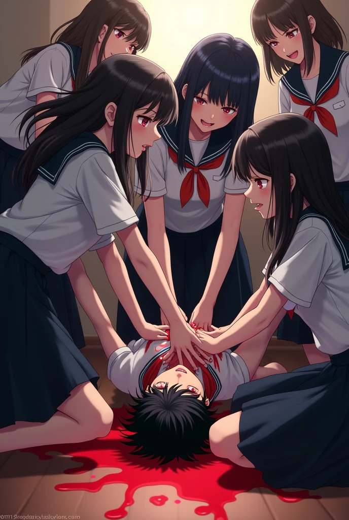 Group of school girls in long black skirts killing and strangling a boy on the floor with their hands in anime