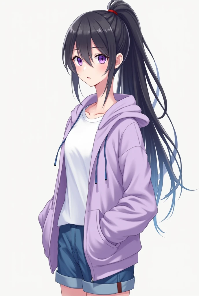 A girl with long hair and a ponytail, 163cm tall。
A sharp, girlish face with violet-blue eyes、no highlights。
White T-shirt、He was wearing a light purple hoodie and blue shorts.