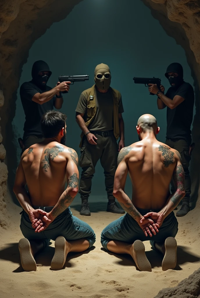 Create me two people kneeling being pointed at by a person with a gun inside a cave badly wounded both kneeling badly wounded the other masked person pointing at them two male twin brothers one with a beard and hair and the other without hair make them kneeling with their hands behind their back and the person pointing at them and 3 more around them masked do it both badly wounded and 1 with a short faded haircut one and the other bald with a goatee and in black pants with a little beard in a cave kidnapped do it with tattoos on both of their backs and arms and in a cave of stones and sand 