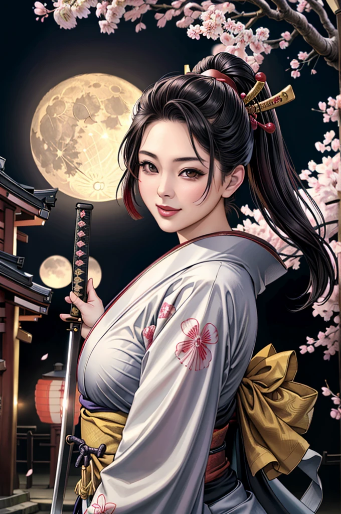 (Browsing Caution), (RAW Photos), (Realistic), (Photorealistic), Ultra-high resolution, masterpiece, Highest quality, Portraiture, facial Portraiture, Perfect lighting, Detailed lighting, Dramatic Shadows, Ray Tracing, Pure Eros Face_v1, Urzan-6500-v1.1, ((smile)), ((upper body:1.2)), ((random sexy pose)), looking at viewer, ((wearing a kimono)), ((holding a Japanese Katana)), ((in old Japanese street)), ((night)), ((full moon)), ((background with Cherry blossom)), ((Japanese tattoo)),