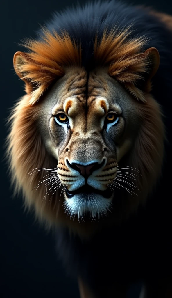 "Create an ultra-realistic, high-resolution 8K image of a powerful lion with a strong, cold, and menacing expression. The focus is entirely on the lion's face, highlighting the intensity and fierce demeanor in its features. The lion's fur is detailed with precision, showcasing the thick, dark mane that frames its face, adding to its formidable presence.

The lion's eyes should be narrow and piercing, with a dark, threatening gaze that conveys a sense of danger and calculated malice. The expression on the lion’s face is one of pure menace, with a slight curl of the lip revealing sharp teeth, as if it’s ready to attack at any moment. The overall look is designed to strike fear, capturing the essence of a predator that is both intelligent and ruthless.

The background is dark and minimalistic, ensuring that the lion's face remains the central focus. The lighting is dramatic, casting deep shadows that enhance the sharpness of its features and the texture of its fur, while subtle highlights bring out the cold glint in its eyes. This image should evoke a sense of awe and fear, portraying the lion as a powerful and dangerous creature."