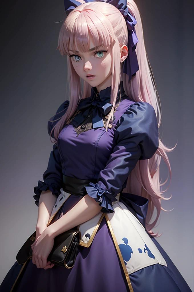 a animated character with long hair and multi colored blue-purple-pink, 1girl, stocking (psg), multicolored hair, long hair, colored inner hair, dress, black dress, stuffed cat, bow, solo, bangs, pink hair, hair bow, puffy sleeves, stuffed toy, blunt bangs, blue bow, white background, looking at viewer, simple background, white pupils, stuffed animal