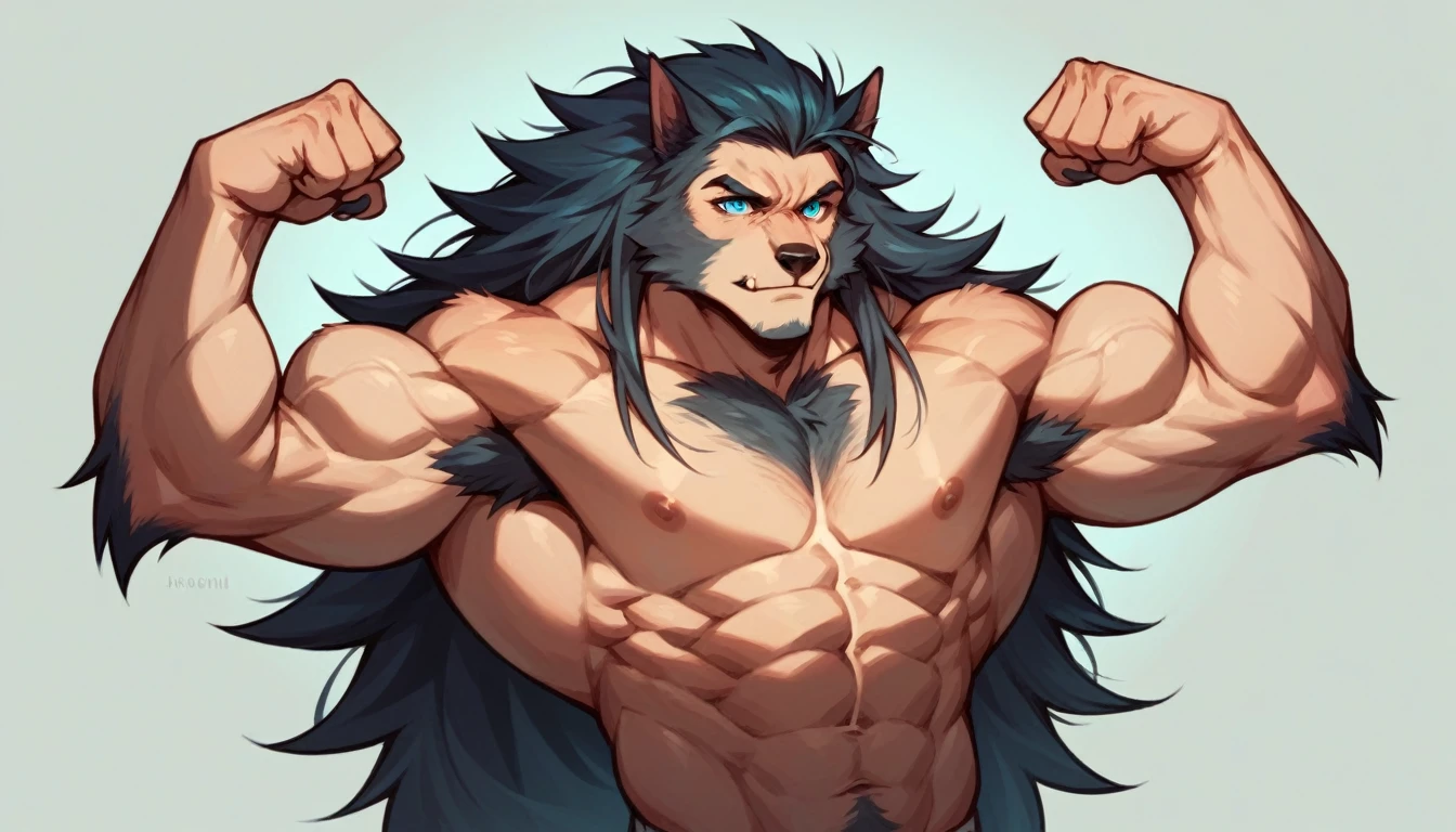 A very muscular, werewolf, chestnut hair, blue eyes, attractive, shirtless, with long, loose hair, who is flexing his biceps and is really attractive and is only in his underwear. 