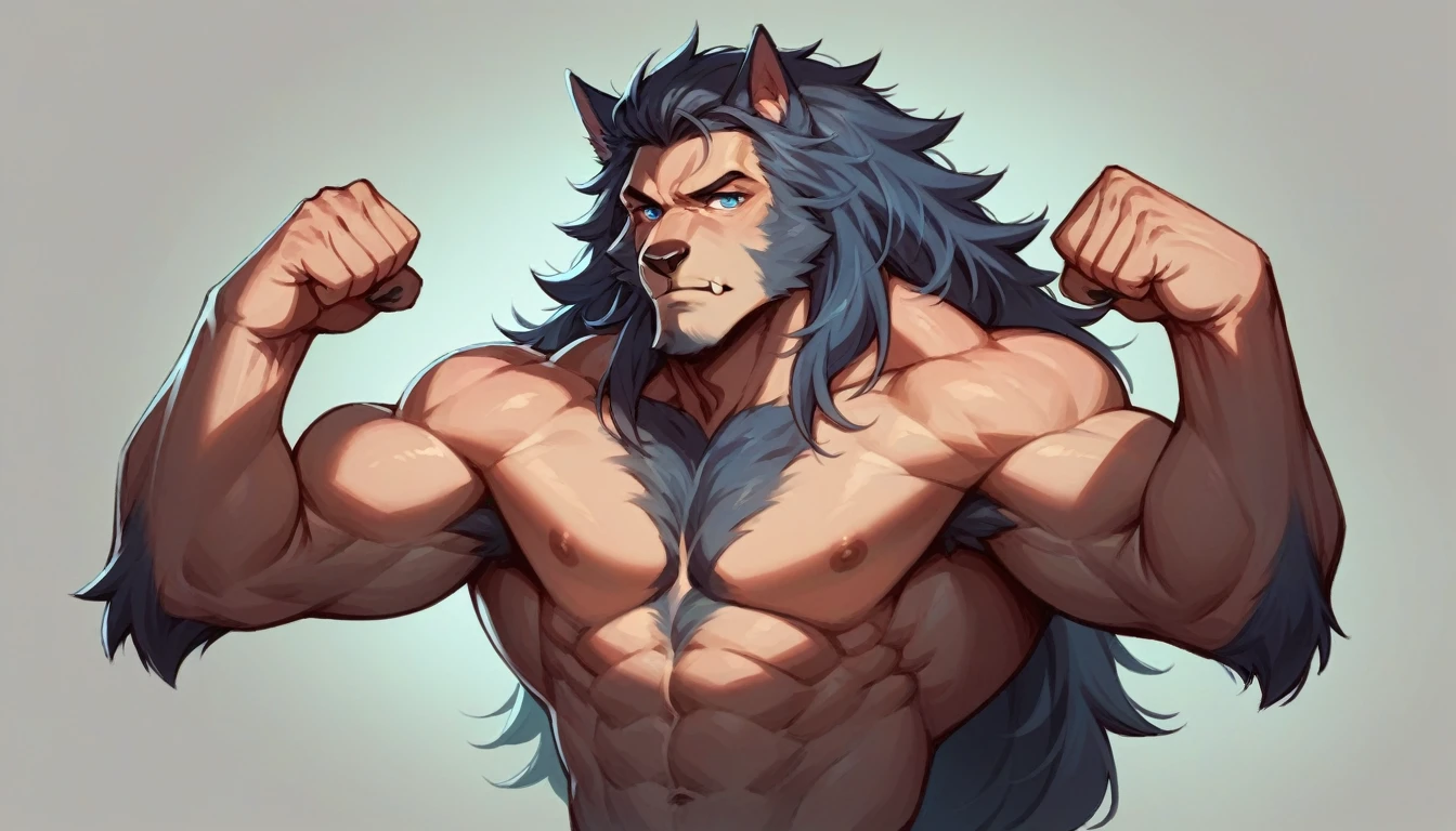 A very muscular, werewolf, chestnut hair, blue eyes, attractive, shirtless, with long, loose hair, who is flexing his biceps and is really attractive and is only in his underwear. 